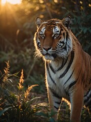 Wall Mural - Majestic male tiger in natural habitat during golden hour