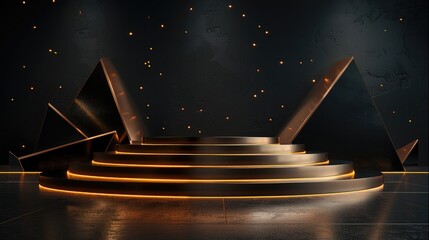 Wall Mural - black podium with golden geometric shapes on dark background for product presentation, ai concept in