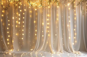 white sheer curtain with warm white fairy lights