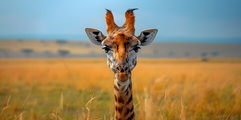 Sticker - Curious Giraffe Portrait Against African Grassland Landscape