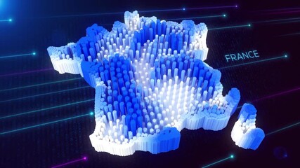 Wall Mural - 3D Perspective Motion View of Blue and White Dynamic Hexagonal Prism Rippling France Map and Text with Hud Grid, Dotted Lines, and Light Flare Background, Seamless Loop