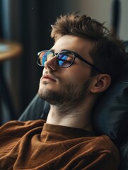 A person wearing glasses reclines on a couch, suitable for use in illustrations about relaxation or study