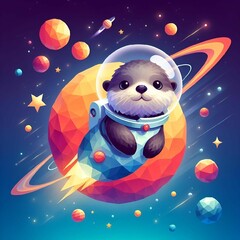 Sticker - AI generated illustration of a cartoon otter astronaut floating in space with planets and stars