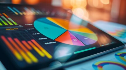 Aufkleber - A close-up of a digital tablet showing a pie chart and bar graph, illustrating business performance metrics