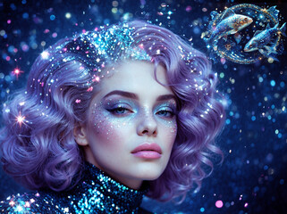 Wall Mural - mystical mysterious woman with glittering purple hair and with zodiac sign of pisces, photorealistic