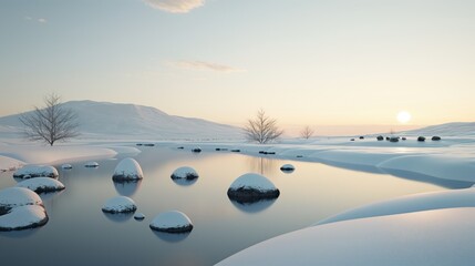 Wall Mural - Tranquil winter landscape with snow-covered ground, leafless trees, stones in a calm body of water, and soft sunlight.