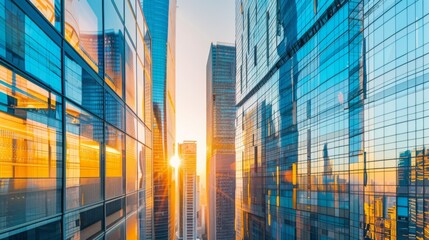 Aufkleber - A close-up of glass skyscraper facades reflecting sunlight, showcasing architectural elegance