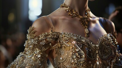 Close-up of a Woman's Shoulder and Neck Wearing a Gold and Pearl Embellished Dress