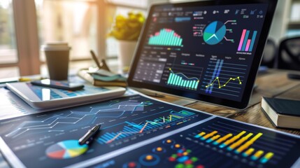 Aufkleber - A creative layout with various graphs and charts on a desk, illustrating data visualization and analysis