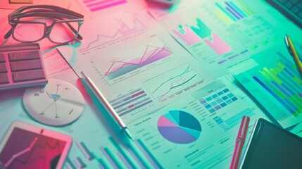 Leinwandbilder - A creative layout with various graphs and charts on a desk, illustrating data visualization and analysis