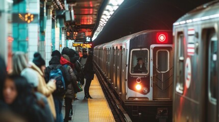 Aufkleber - A crowded subway station platform with commuters waiting for a train