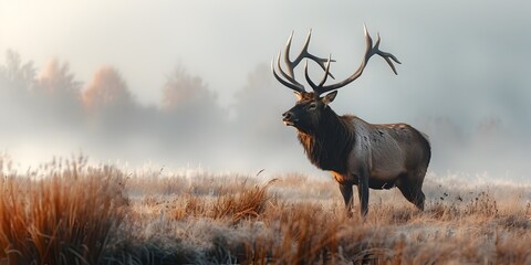 Sticker - Majestic Elk Standing Tall in Misty Meadow Wildlife Portrait Concept with Copy Space