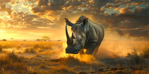 Canvas Print - Powerful and Majestic Rhinoceros Silhouetted Against Dramatic Savanna Landscape at Sunset or Sunrise