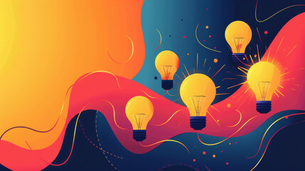 Light bulbs are floating over a colorful abstract background, symbolizing the concept of innovation and creativity