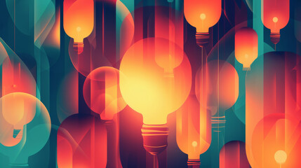 Many light bulbs are glowing, representing concepts like ideas, creativity, innovation, inspiration and solution