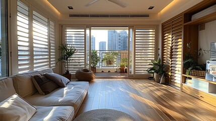 Modern Chinese style living room, a balcony area with shutters opening out to the side. The living room has the same rectangular wooden floor as the balcony area. Generative AI.