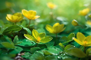 Wall Mural - Cluster of delicate yellow wildflowers in meadow with lush green leaves and sunlight