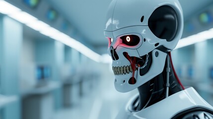 Wall Mural - A Close-Up of a White, Robotic Skull with Red Glowing Eyes