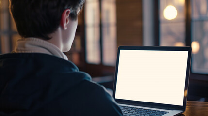 Wall Mural - laptop mockup over shoulder shot of a young man using laptop with blank white screen for mockup