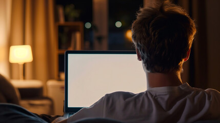 Wall Mural - laptop mockup over shoulder shot of a young man using laptop with blank white screen for mockup