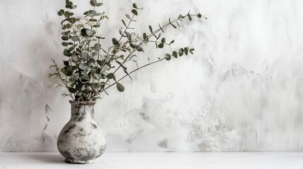 Rustic Eucalyptus twigs adorn a vintage grey vase atop a white table, creating a cozy home interior ambiance against a light wall. 