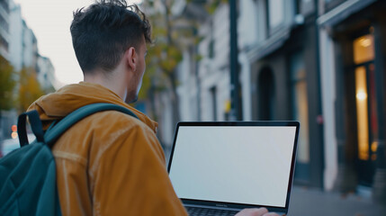Wall Mural - laptop mockup over shoulder shot of a young man using laptop with blank white screen for mockup