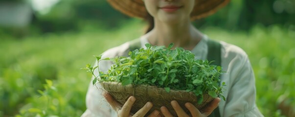 Wall Mural - A Farmer's Hands Holding Freshly Harvested Greens, Embracing the Cycle of Growth and Sustainable Agriculture Practices