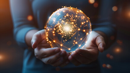 Wall Mural - person holding glowing globe earth on hands, interconnected global connectivity data network technol