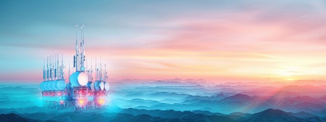 Wall Mural - Sky-high relay stations with integrated sensor networks, sky-high relay stations, futuristic communication and sensing hubs