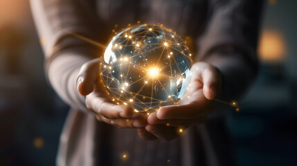 Wall Mural - person holding glowing globe earth on hands, interconnected global connectivity data network technol