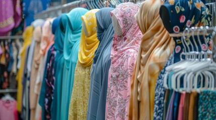 Wall Mural - A rack of colorful scarves and dresses hang on a rack