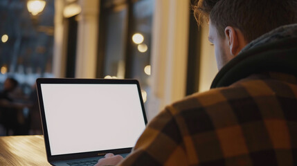 Wall Mural - laptop mockup over shoulder shot of a young man using laptop with blank white screen for mockup