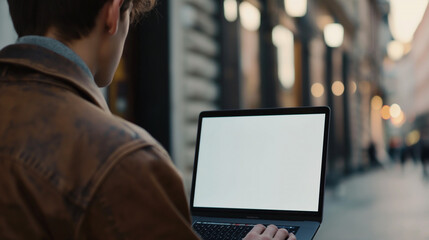 Wall Mural - laptop mockup over shoulder shot of a young man using laptop with blank white screen for mockup