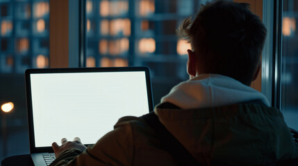 Wall Mural - laptop mockup over shoulder shot of a young man using laptop with blank white screen for mockup