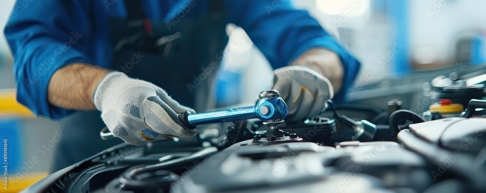 Mechanic High Tech Tools Mechanic using a torque wrench in a high-tech garage, engineering tools ...