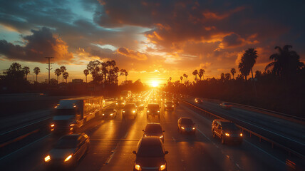 Wall Mural - Sunset traffic on a busy highway with palm trees