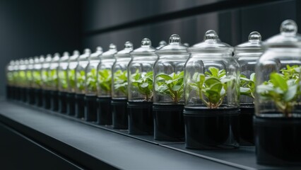 Wall Mural - A row of jars filled with plants in a line on the wall, AI