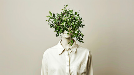 A person stands with a bouquet of plants covering their face, blending human and nature to signify growth, connection, and the essence of our environment.