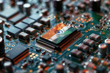 Poster - Close-up of Indian flag on a microchip symbolizing technological growth