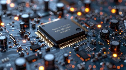 Fototapete - Closeup of a microchip on a detailed electronic motherboard with lights