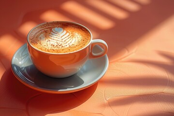 Cup of cappuccino with latte art served on a table in natural light