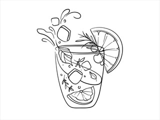 Wall Mural - Lemonade with rosemary. Summer cocktail with ice and orange continuous line art isolated on white background. Vector illustration