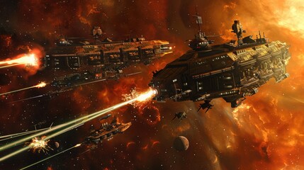 Wall Mural - A mercenary fleet equipped with prototype weapons engaging a galactic peacekeeping force in a lawless sector of space.