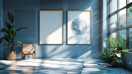 Modern Minimalist Interior Design With Two Mockup Frames And Plants In Front Of Window With Sunlight Casting Shadows On The Floor