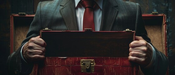 Wall Mural - A man is holding a red briefcase with a tie around his neck