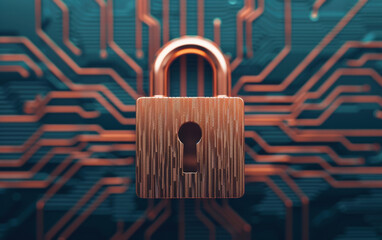 Wall Mural - A close-up of a copper lock against a background of intricate digital circuits, symbolizing cybersecurity and data protection.