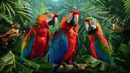 A group of colorful parrots are perched on a branch in a lush green jungle. The birds are of different colors, including red, yellow, and blue. Concept of vibrancy and life