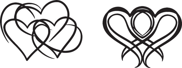 Keeping the lines simple and linear, two hearts with love signs are drawn in a continuous line. Thin curls and romantic symbols all add to the feeling of romance.