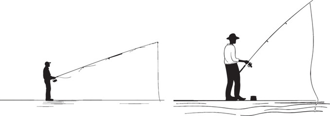 Line icon of fisherman. Continuous one line with curl. Fishing place sign. Fisherman with rod symbol. Single outline ribbon of fisherman. Loop curve pattern. Modern illustration.