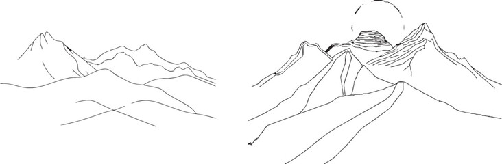 Poster - A continuous one-line icon showing a sun and mountain on a white background. A doodle illustration of the sun and mountain with a temperature warning and travel symbol..